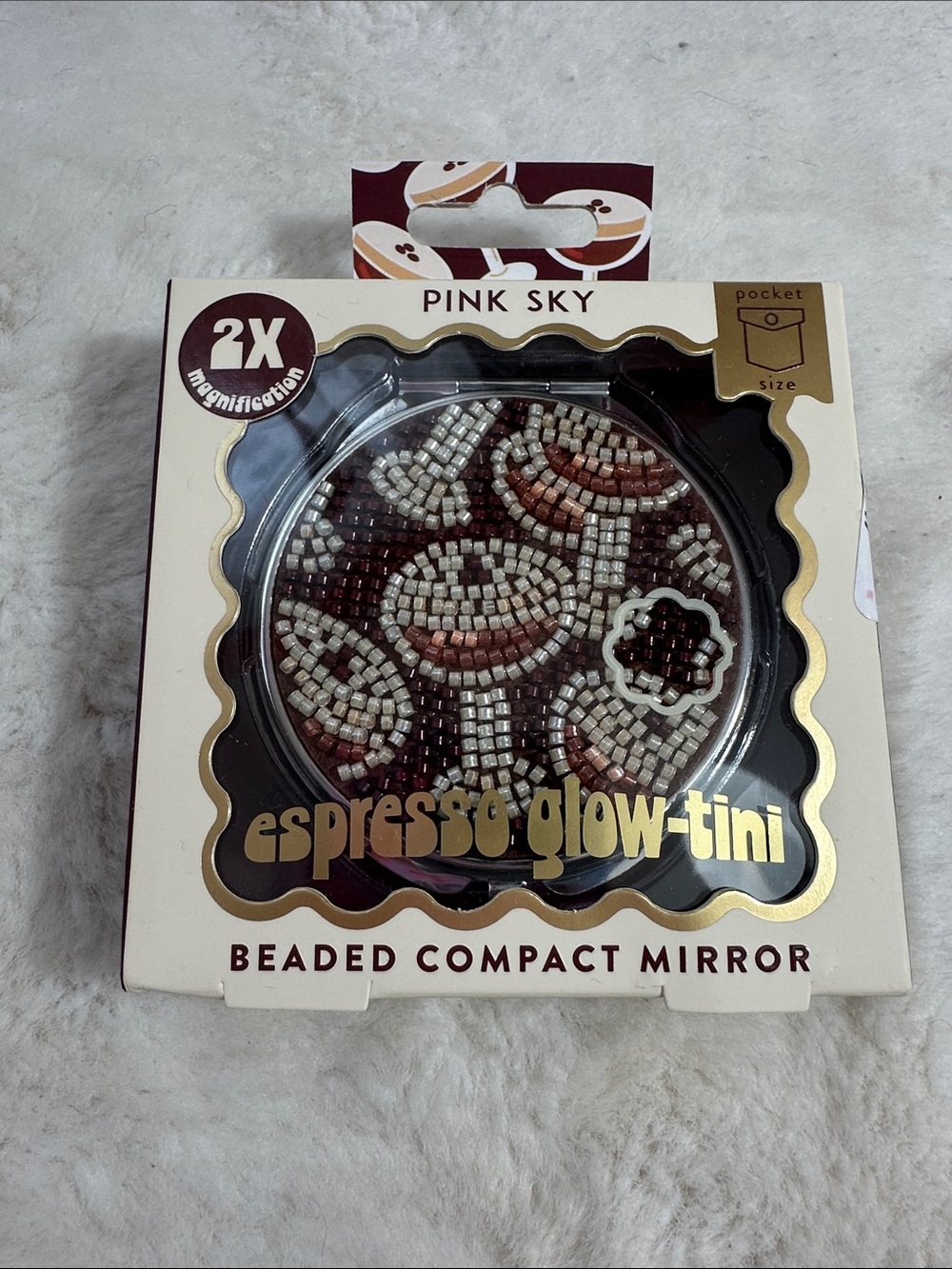 Pink sky beaded espresso martini compact mirror